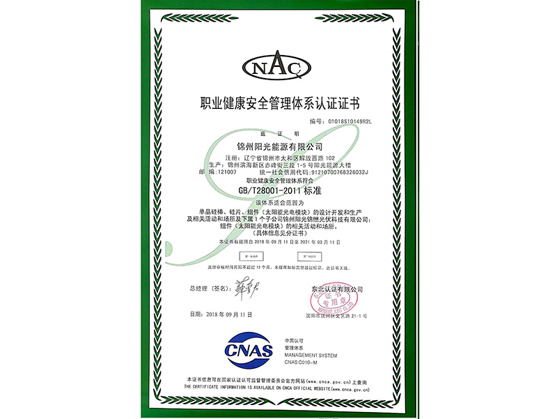 職業(yè)健康安全管理體系認(rèn)証証明書（中國語）